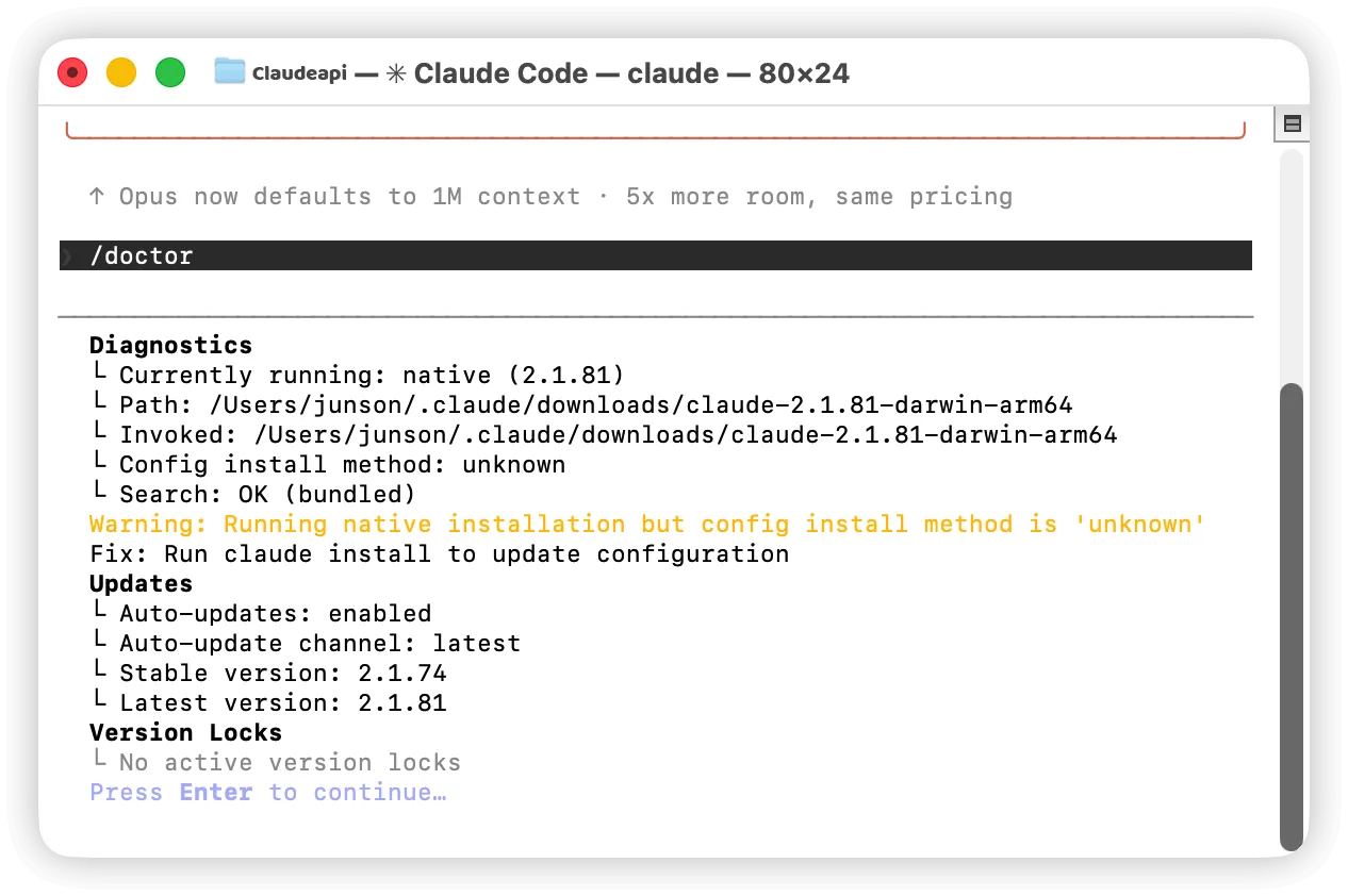 Claude Code /doctor 命令诊断结果截图：显示环境配置检测通过